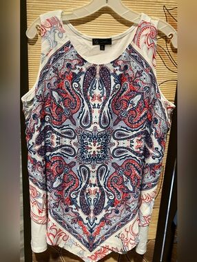 DG2 Sleeveless Top L Red Navy Paisley Patriotic 4th of July Boho